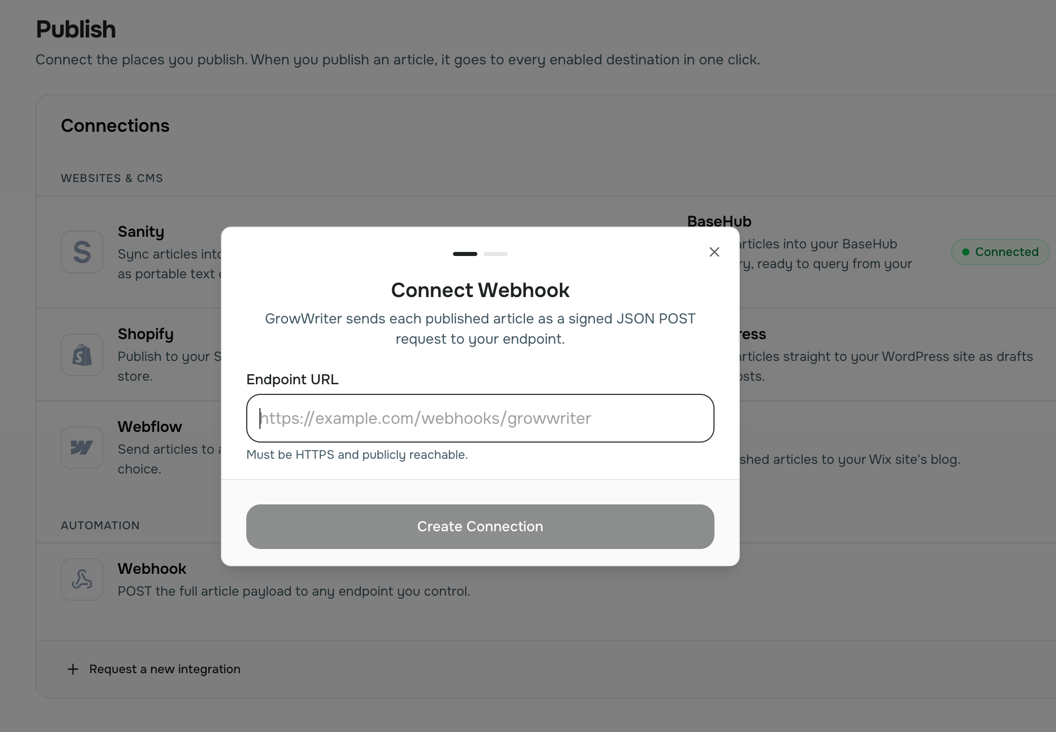 Step 2 of the Connect Webhook dialog showing the Signing Secret field with the Copy secret and Send test event buttons.
